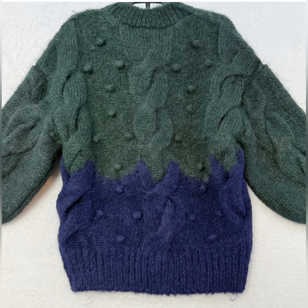 The Sunday Collective Sweater 12-13Years Green Navy Cable Alpaca Wool Cabincore